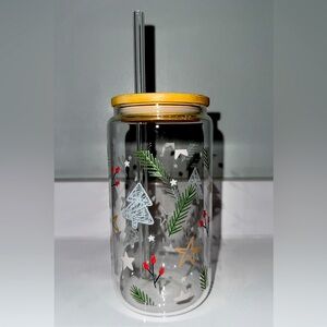 Festive Glass Tumbler with Straw